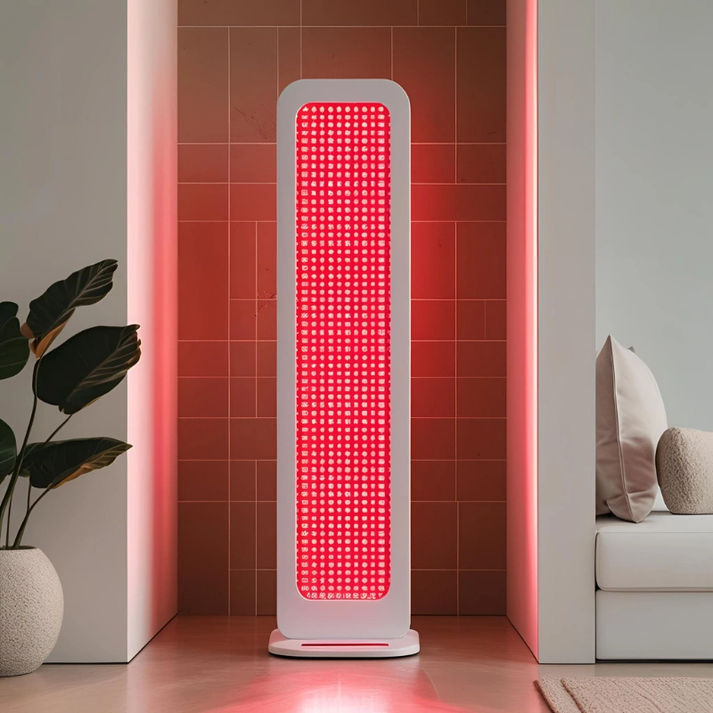 A modern home wellness corner with a vertical red light therapy panel glowing softly. A person meditating or standing in front of the panel, clean white background, earthy tones, and spa-like vibes. Add subtle red glow reflections