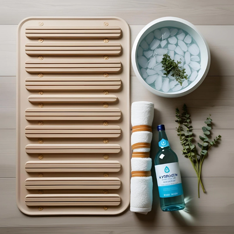 Flat-lay of a PEMF mat, a folded sauna blanket, a cold plunge tub with ice, and a glass bottle of hydrogen water. Neutral wood background, clean and high-end wellness aesthetic, with eucalyptus or detox herbs as accents.