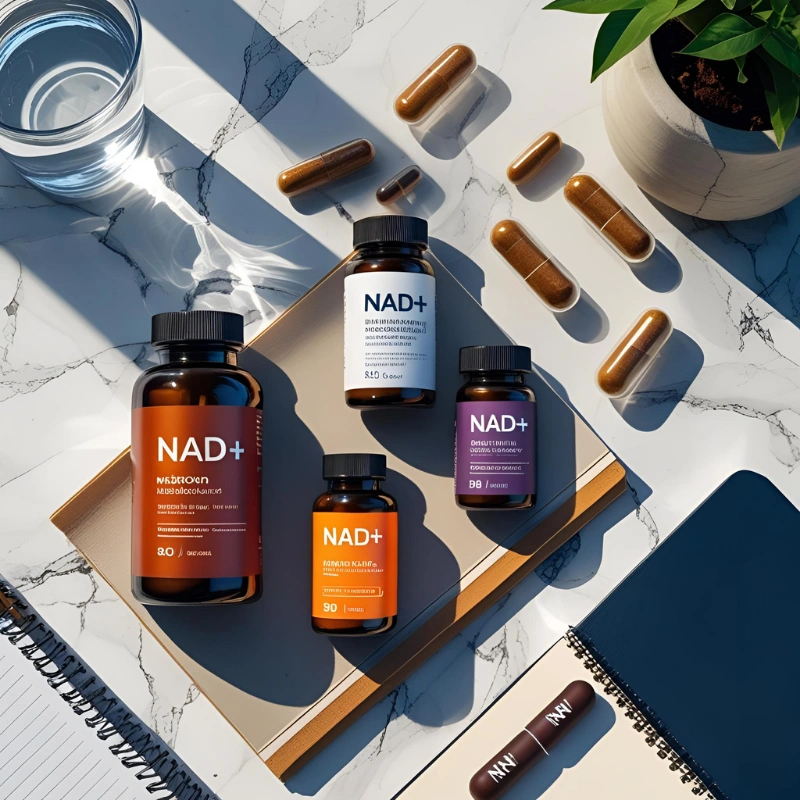 High-end flat-lay of NAD+ and NMN supplement bottles, mushroom extracts, and capsules on a marble or wooden surface. Include a notebook or biohacking journal, a glass of water, and natural sunlight for a clean, clinical yet natural look.